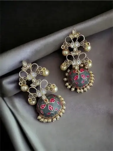 Aradhya Golden kundan Grey Meenakari pearl Jhumka