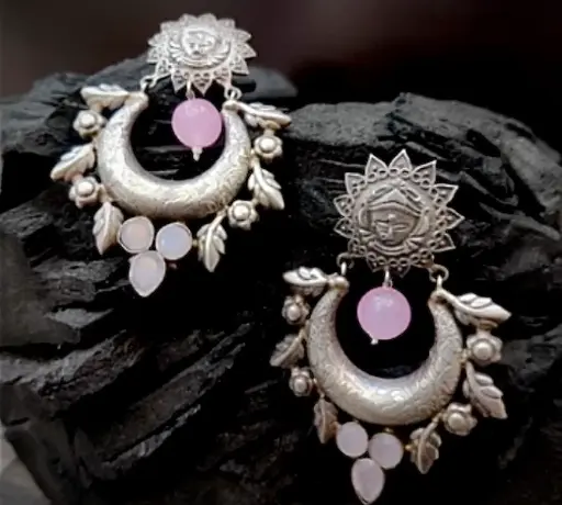Silverlook alike brass pink beads durga Chandbali