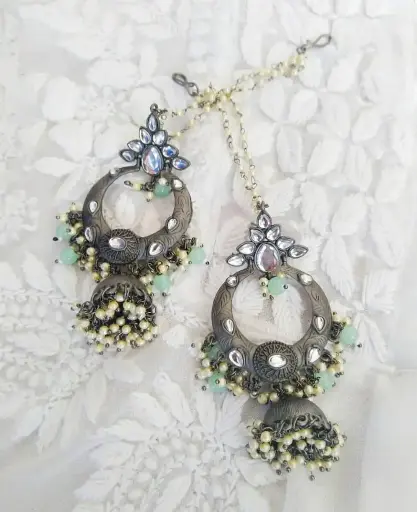 Blackmetal Kundan mint beads Chand jhumka