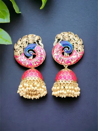 Hot pink Ad stone peacock designed pearl Jhumka