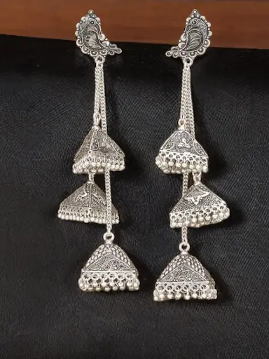 Silver oxidised peacock stud jhumka hangings