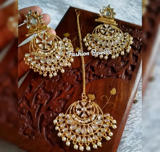 Golden kundan chandbali mangtika set