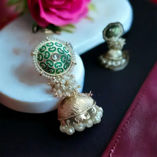 Golden pearl Green jhumka