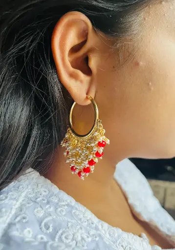 Golden Red beads pearl hanging Earring