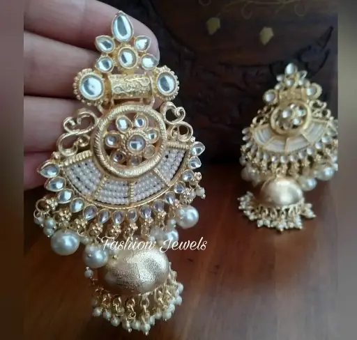 Golden matte kundan statement pearl Jhumka