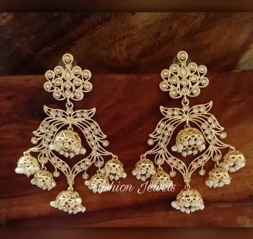 Golden kundan pearl jhumki chandlier