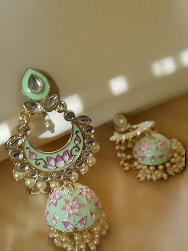 Golden kundan pearl Mint meenakari Jhumka