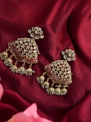Golden Kundan maroon jhumki Chand Bali