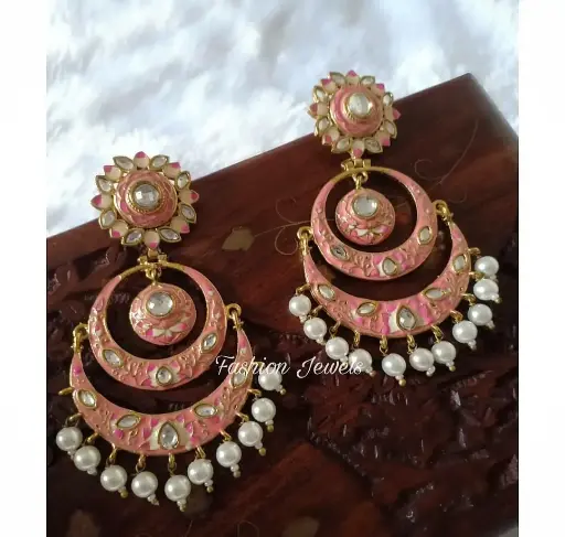 Golden kundan peach meenakari Chandbali