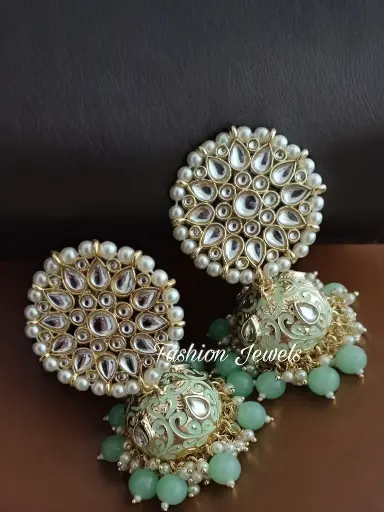 Golden Kundan Pearl mint designer jhumka