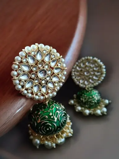 Premium quality Kundan round stud Green jhumka