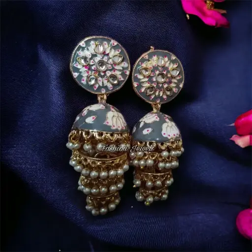 Golden Grey Meenakari pearl layered jhumka