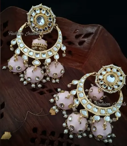 Golden kundan pastel pink chandbali