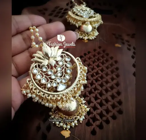 Golden matte kundan lotus Chandbali Jhumka with sahara chain