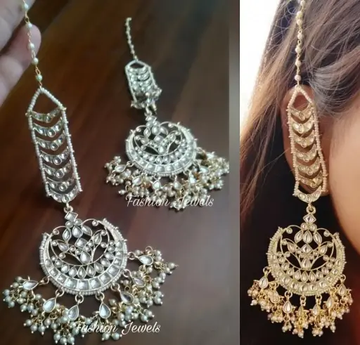Golden kundan Chandbali with pearl sahara
