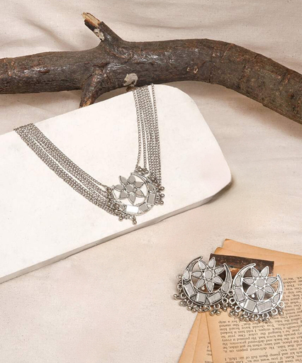 Silver Mirror Ghunghroo Choker Set