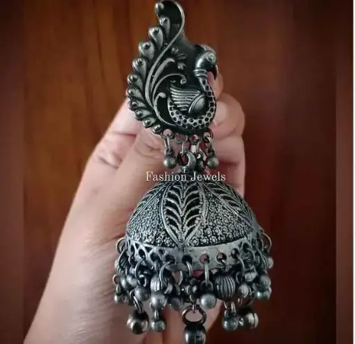 Silver intricate statement Peacock Jhumka