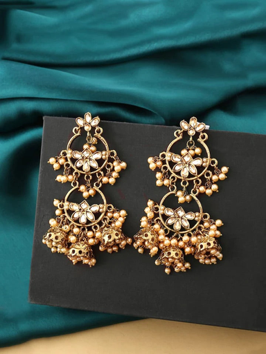 Golden Kundan Pearl Triple Statement Jhumki Earrings