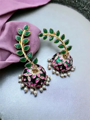 Golden leaf designed Green Meenakari pearl Jhumka