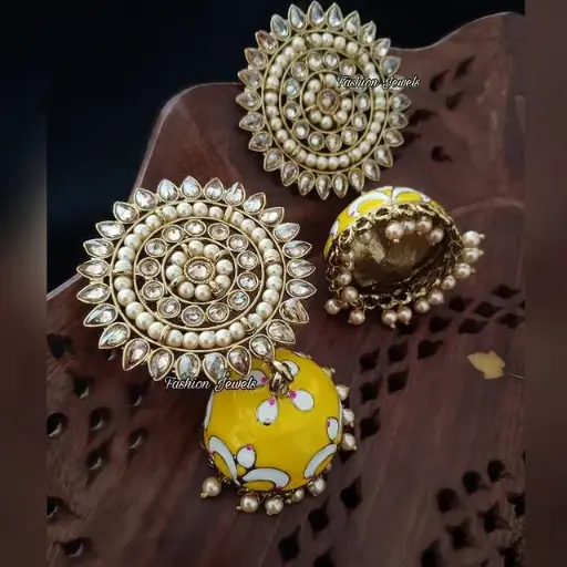 Golden reverse AD yellow pearl Jhumka