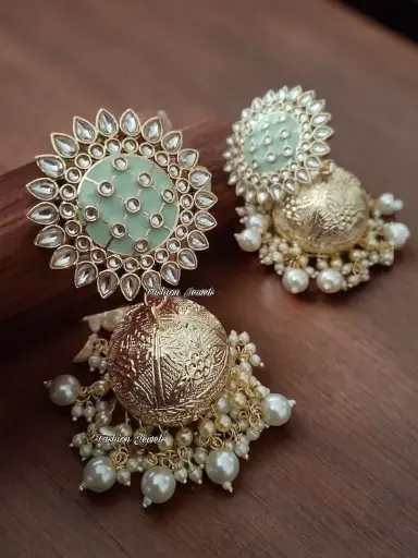 Golden kundan statement Mint Pearl Jhumka