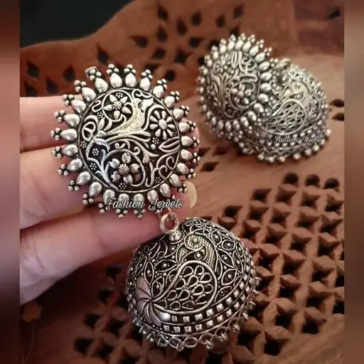Beautiful Silver intricate peacock Jhumka