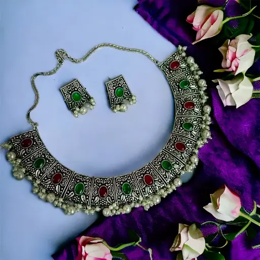 Silver Ruby and green stone pearl Necklace set