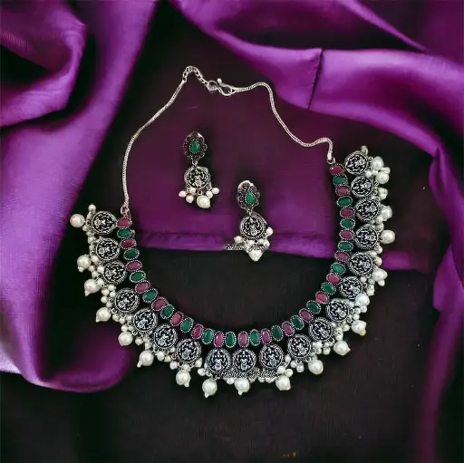 Silver Devi carved Ruby and Green stone pearl Necklace set