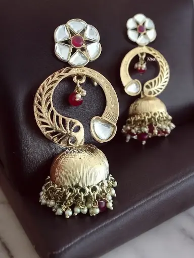 Golden matte kundan Red beads pearl Jhumka