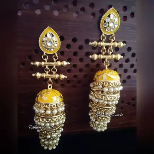 Golden kundan Yellow pearl layered Jhumka