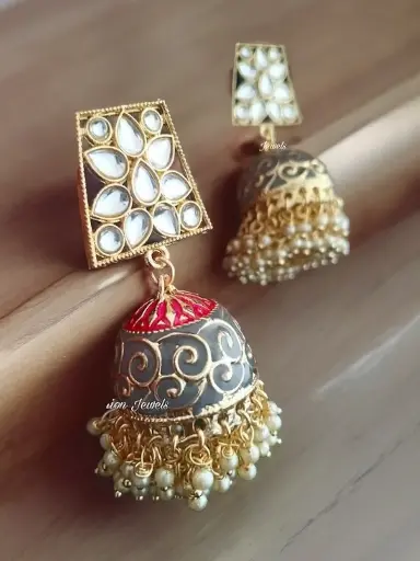 Golden kundan Grey meenakari pearl Jhumka
