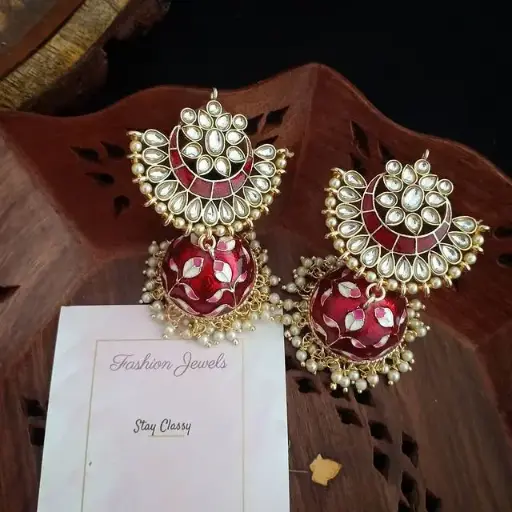 Golden kundan Maroon Chand designed Pearl Jhumka