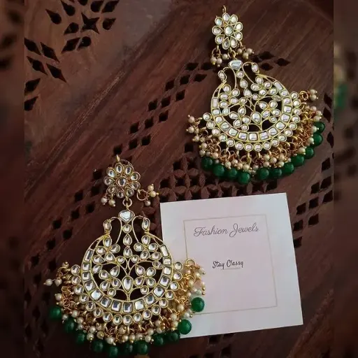 Kundan statement  Green beads Chandbali