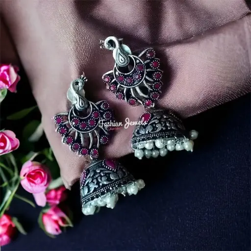 Silver Ruby peacock pearl Jhumka