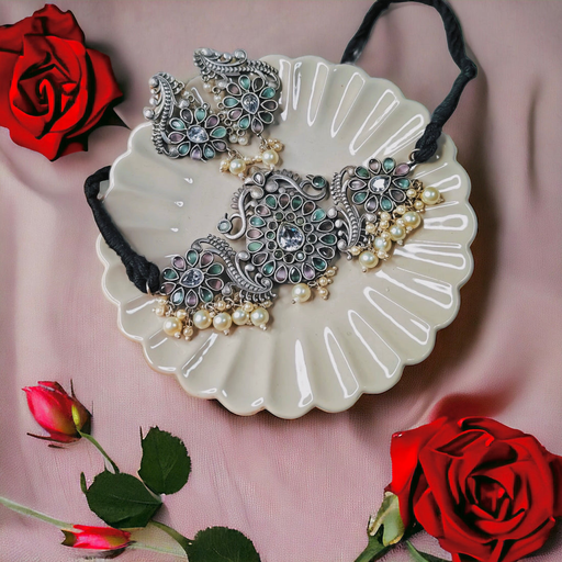 Priya Silverlook Alike Pearl Zircon Stone Choker Set