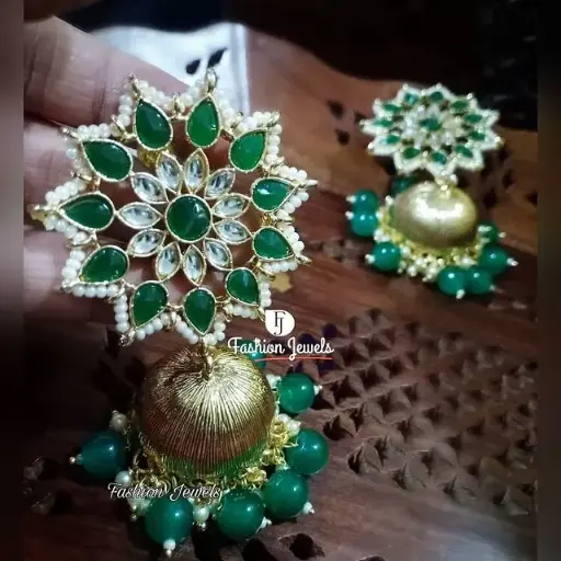 Golden kundan Green beads matte Jhumka