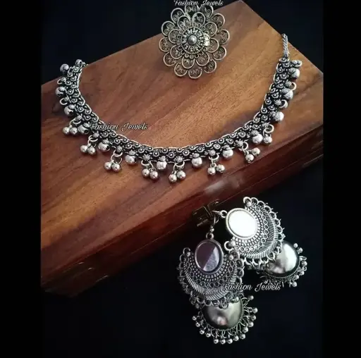 Oxidised Silver Necklace, Earring and Ring Combo