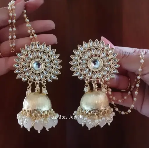 Golden Matte Kundan pearl pastel beads jhumka with pearl Sahara