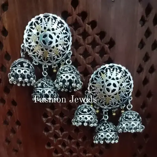 Dualtone round stud triple jhumki earrings