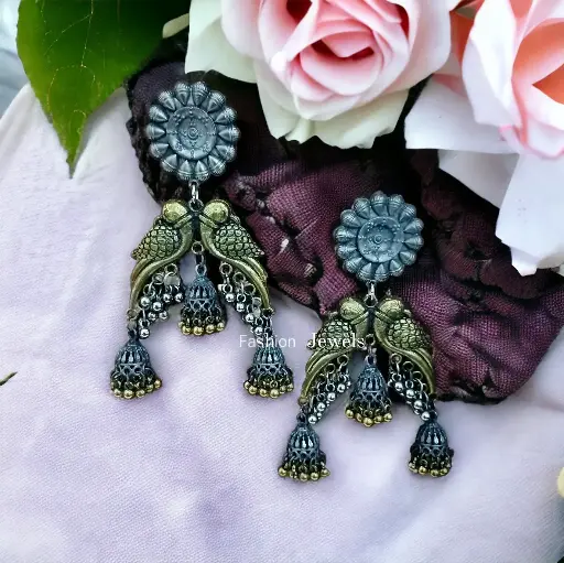 Dualtone parrot triple jhumki Lightweight Earrings
