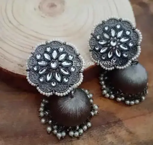 Blackmetal flower kundan pearl Jhumka