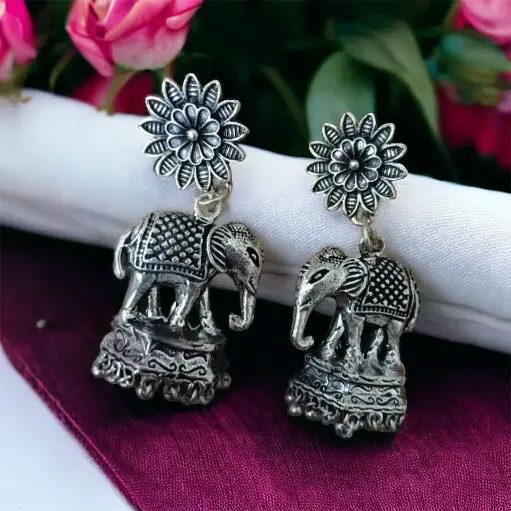 German Silver Elephant flower stud Earring