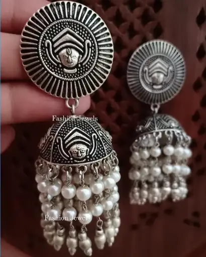 Silver Durga Devi pearl tassel Hanging Jhumka