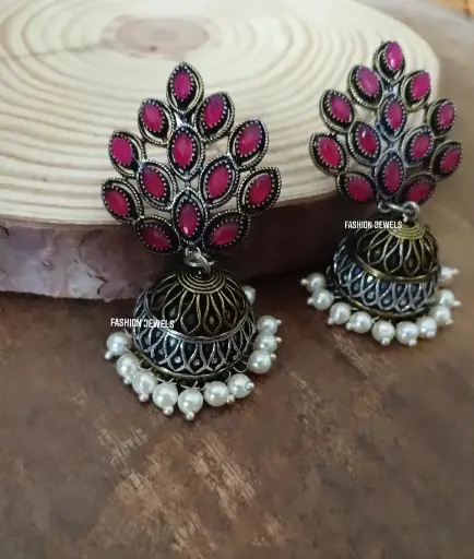 Dualtone Ruby stone pearl Jhumka