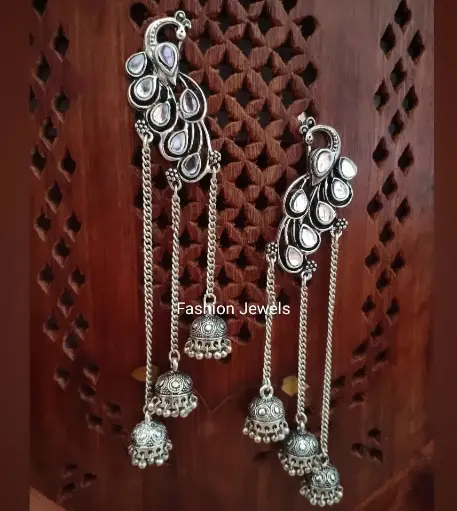 Peacock designed kundan Silver Jhumki Hangings