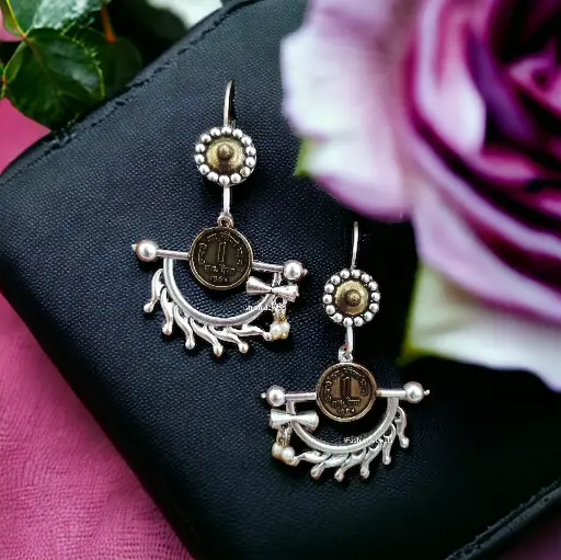 Dualtone Coin pearl hook Earrings