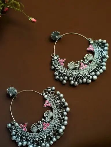 Silver Peacock lightweight Ruby stone Ghunghroo Chandbali