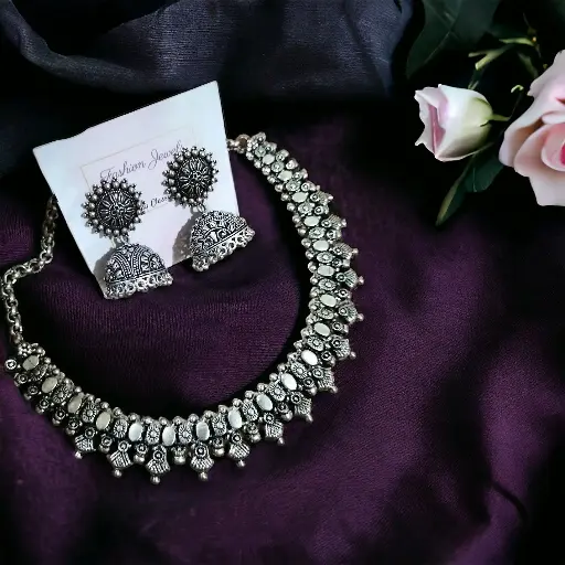 Beautiful German Silver Jhumka Necklace set