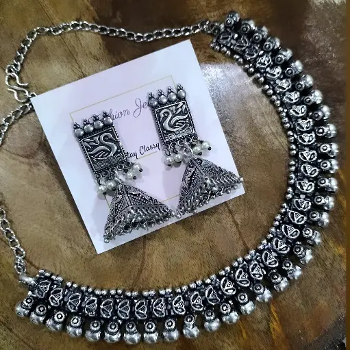 Beautiful Silver Necklace and designer Jhumka Combo set