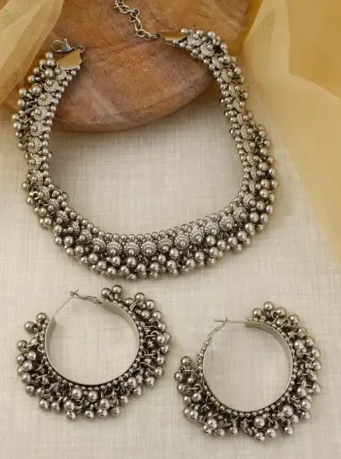 Silver Ghunghroo Choker and Hoop Combo set